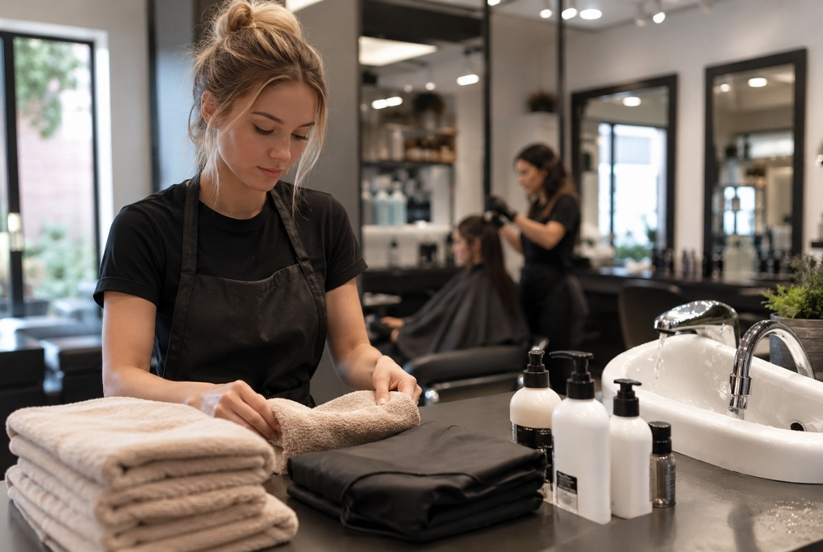 New beauty graduate preparing towels, cape, shampoo bowl, and blank product bottles while an experienced stylist works with a client in the background.