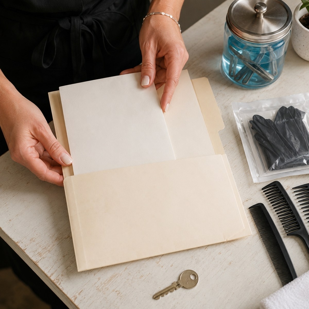 Close up of hands placing a blank license verification sheet into a folder beside combs, sealed gloves, disinfectant jar, and a salon key.