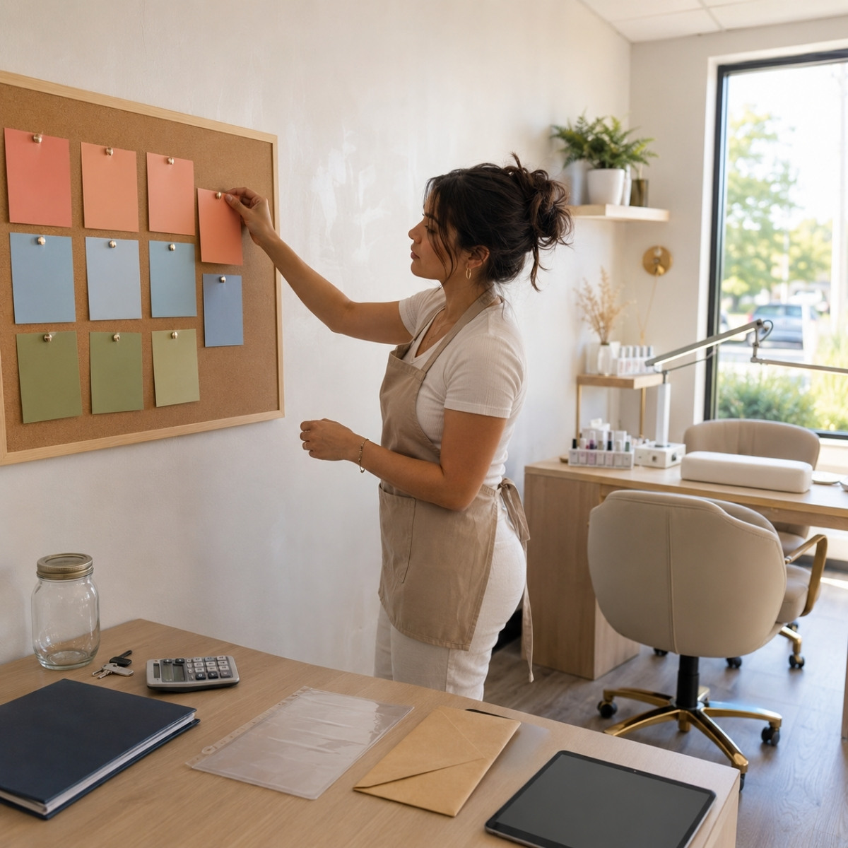 Beginner nail business owner arranging color-coded launch cards on a planning board beside a booth key, calculator, insurance folder, credential sleeve, tax envelope, appointment tablet, reserve jar, and completed manicure station.