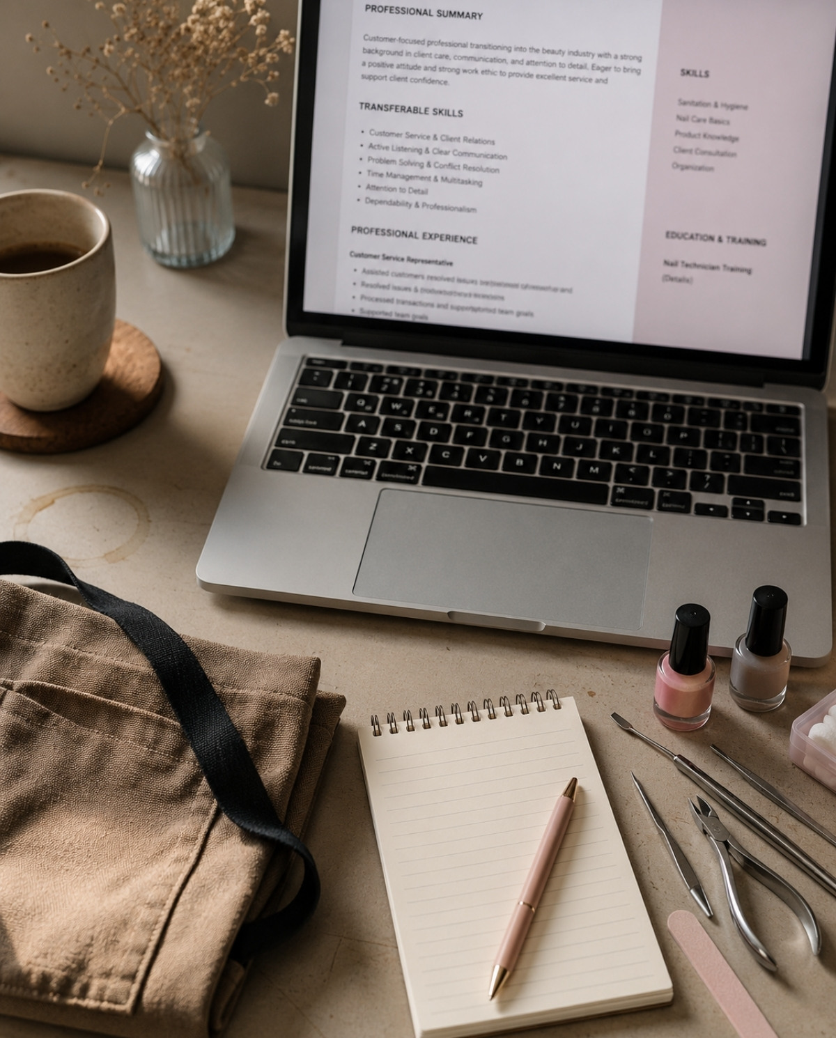 Beginner nail technician resume workspace with a laptop, folded cafe apron, blank notepad, polish bottles, and sanitized manicure tools.