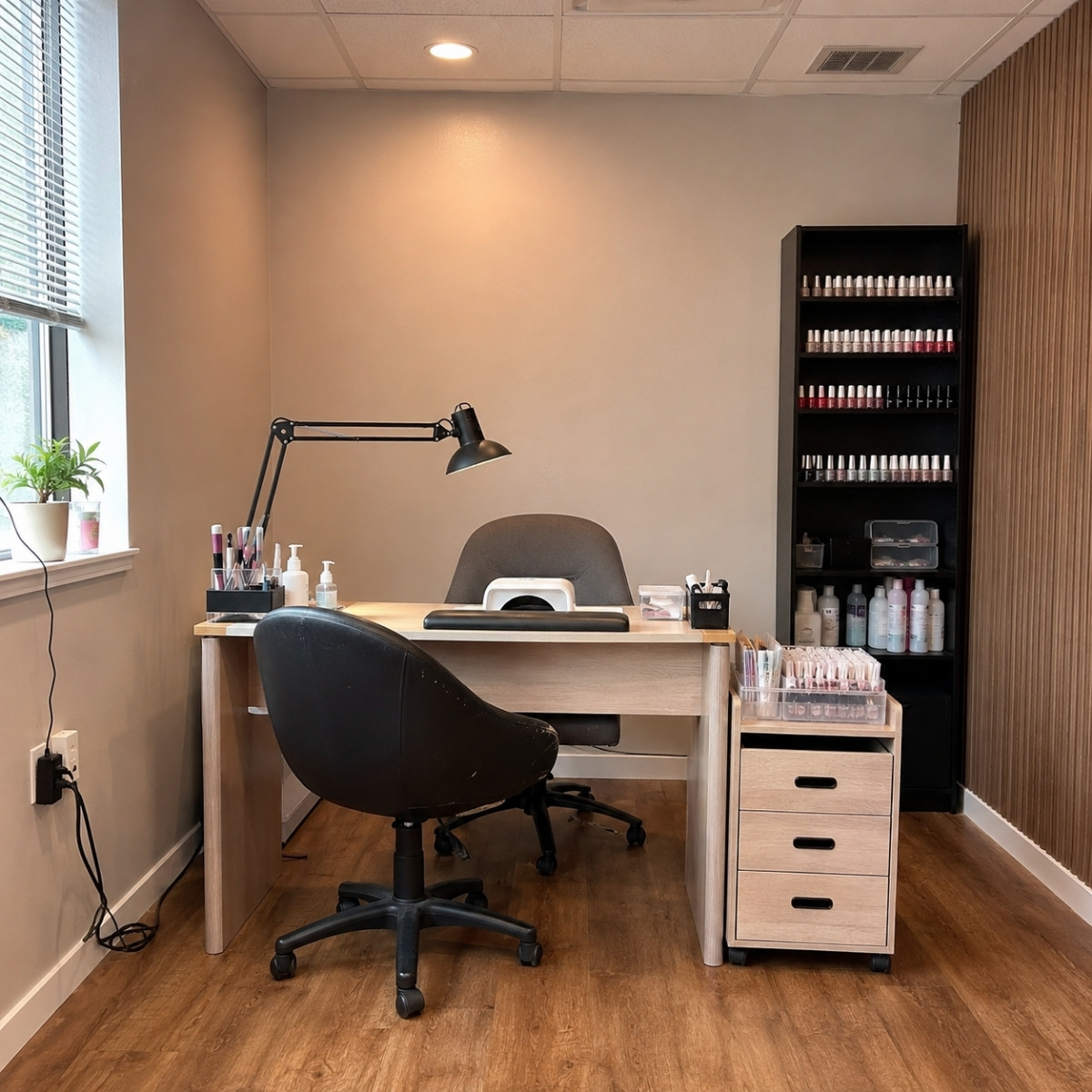 Compact independent nail booth with a manicure table, two chairs, task lamp, ventilation equipment, rolling storage cabinet, organized supplies, and open floor space.