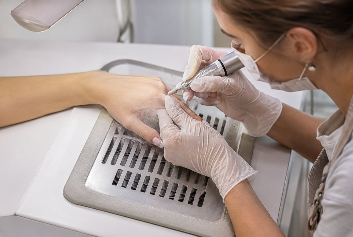 Nail technician using an electric file while the client's hand is positioned directly above a source-capture ventilation intake that draws fine nail dust away from the breathing zone.