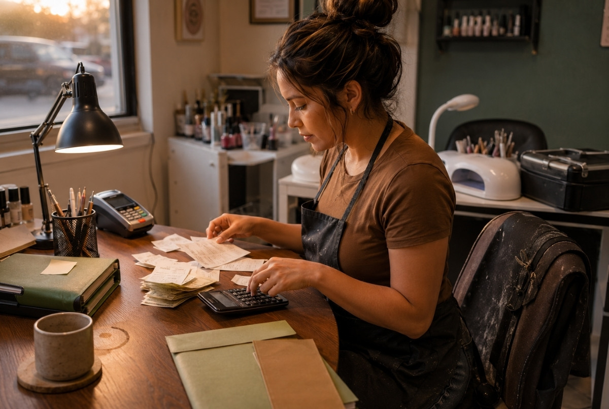 Independent nail technician reconciling card payments, cash tips, appointment records, supplier receipts, business envelopes, and a calculator at a desk after closing her manicure booth.
