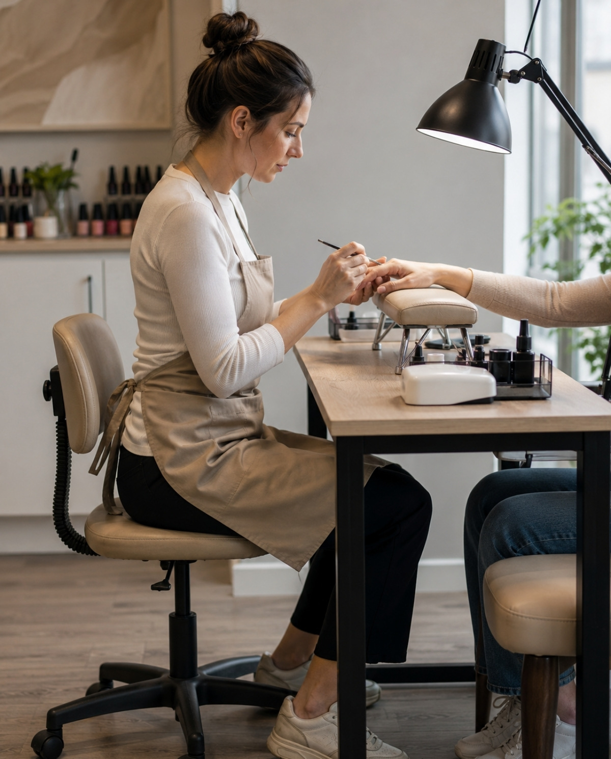 Nail technician working with a neutral spine and relaxed shoulders while the client's hand rests on an elevated cushion between ergonomically positioned adjustable chairs.