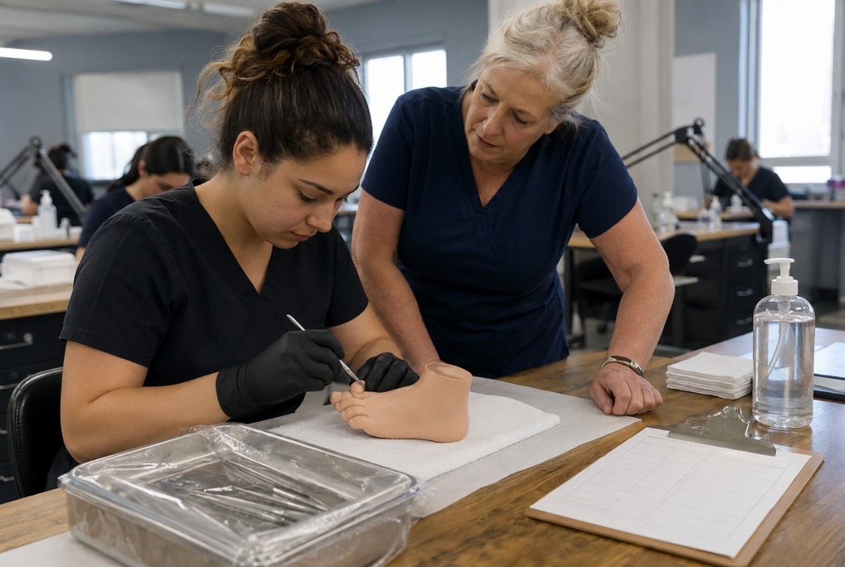 Nail technology student practices safe pedicure technique on a training foot while an instructor observes tool control and sanitation procedures.