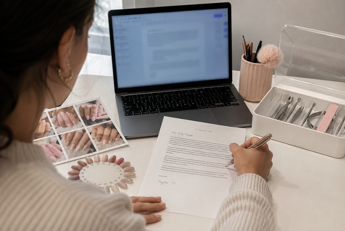 New nail technician writing a personalized cover letter beside a blurred laptop, manicure portfolio photos, polish swatch wheel, and clean tools.