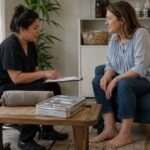 Nail technician discusses a blank intake form with a middle aged woman before beginning a conservative cosmetic foot care appointment.
