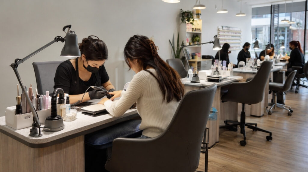 Professional nail salon with multiple manicure stations featuring supportive seating, task lamps, organized supplies, practical worktables, and source-capture ventilation near each service area.
