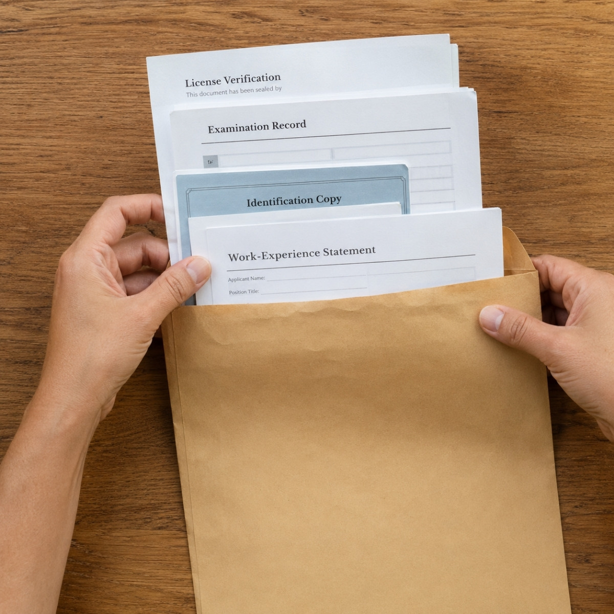 Hands placing license verification, examination records, an identification copy, and a work experience statement into a mailing envelope