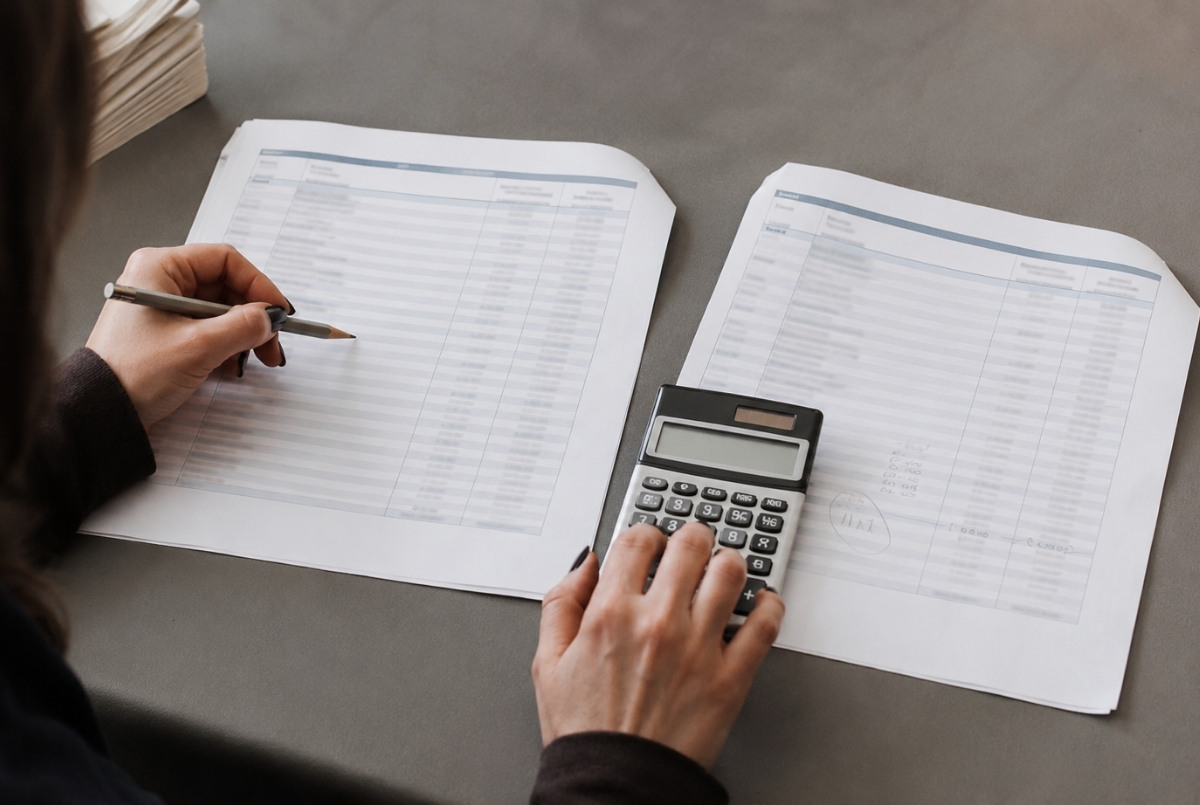 Cosmetologist using a calculator and pencil to compare two anonymized transcripts and determine a gap in required training hours