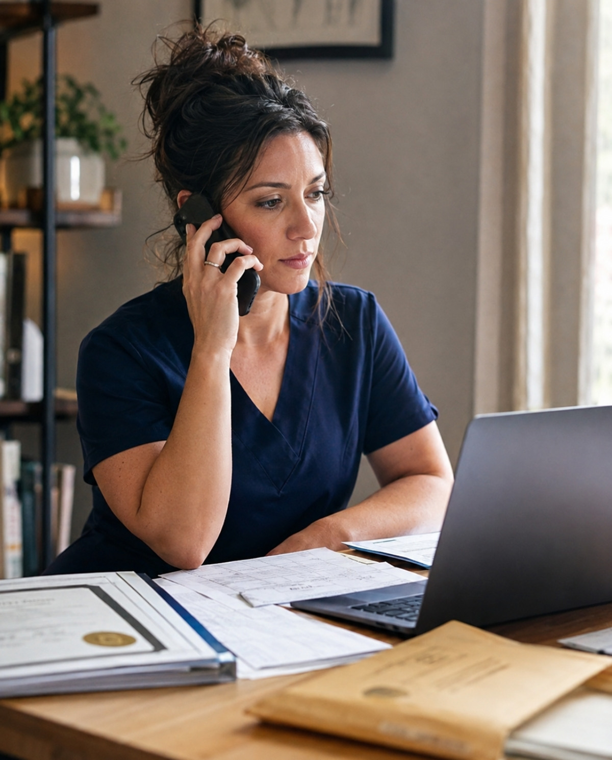 Cosmetologist speaking on the phone while reviewing an out of state licensing application with her current license and sealed transcript nearby