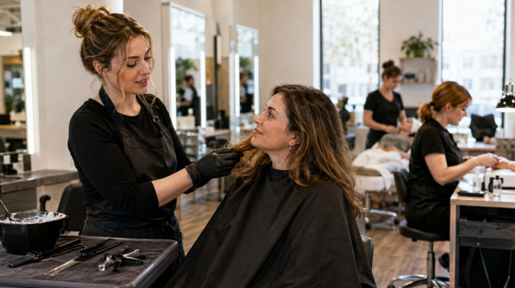 Cosmetology student examining a client’s hair texture during a consultation while manicure and facial training take place at other stations in the background.