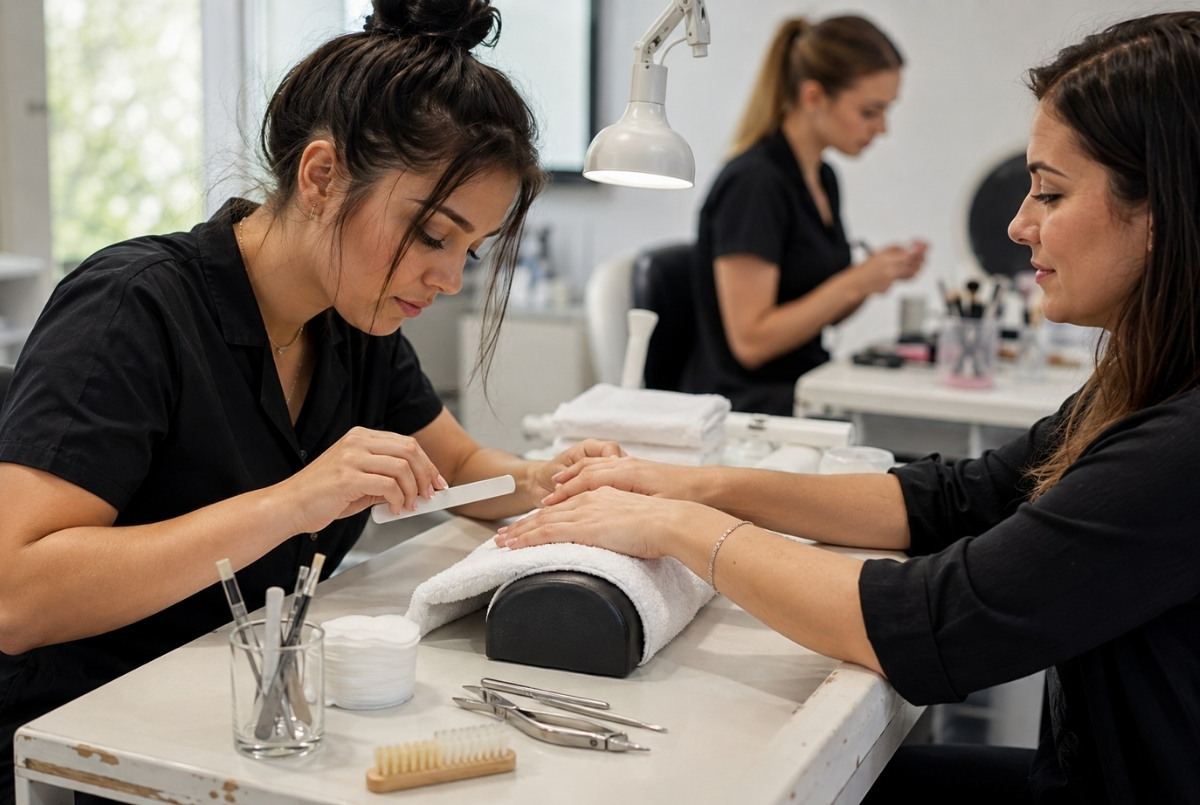 Cosmetology student filing an adult client’s natural nails during manicure training while another student prepares a makeup practice station in the background.