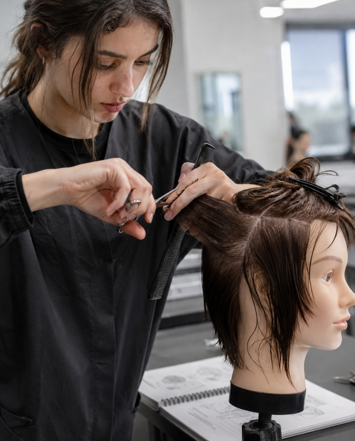 Cosmetology student using professional shears and a comb to practice controlled haircutting on a sectioned mannequin head.