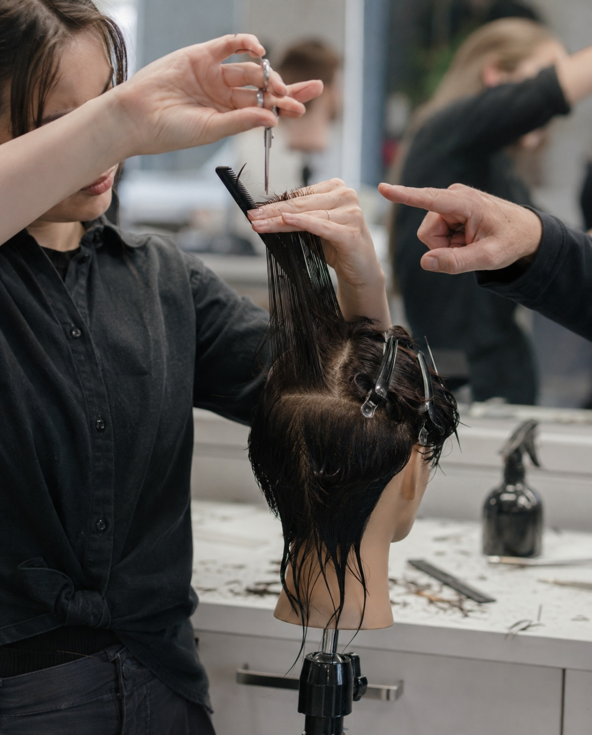 Cosmetology student cutting a damp section of mannequin hair while an instructor points to the correct elevation angle during precision haircutting practice.