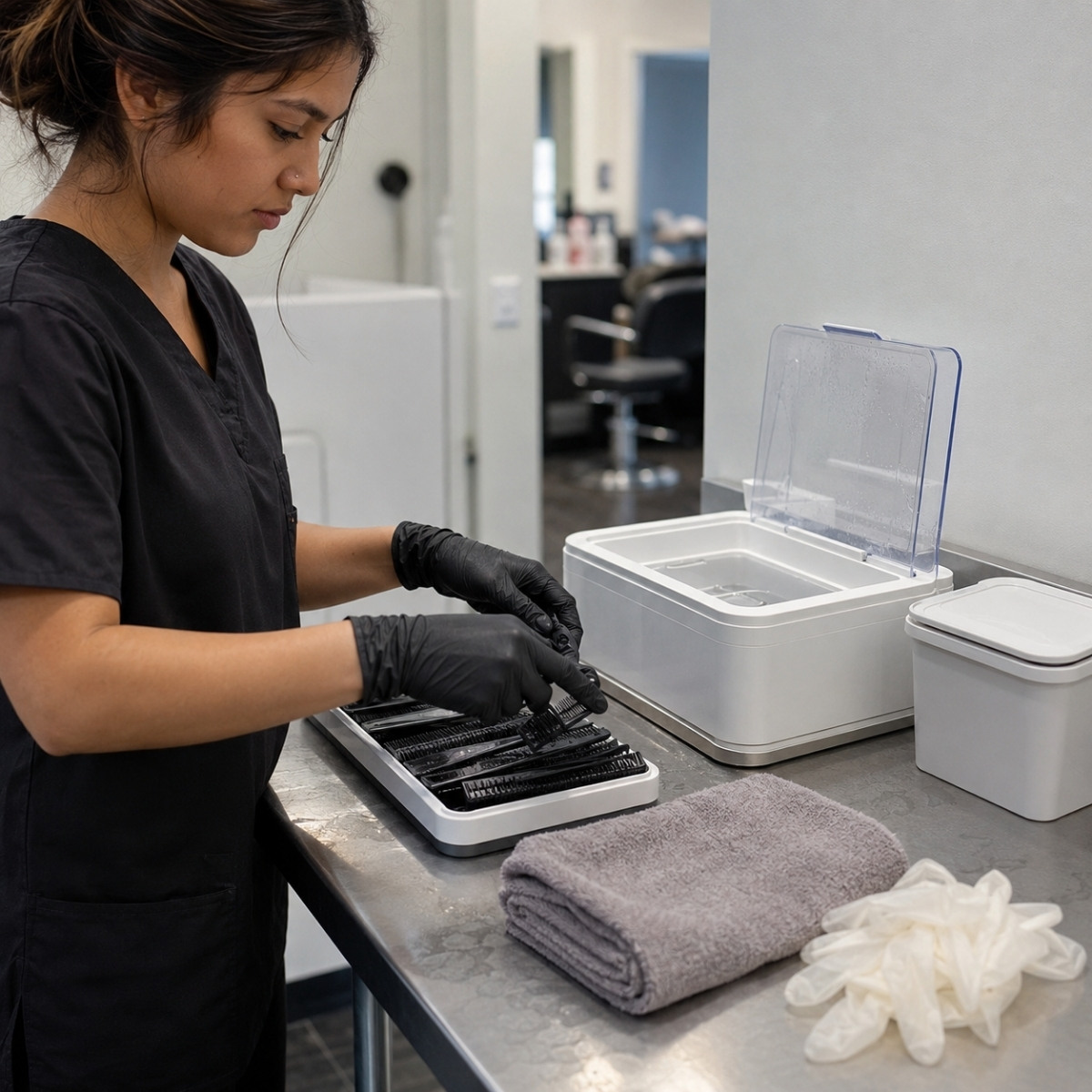 Cosmetology student wearing gloves while organizing and disinfecting reusable combs and salon tools at a dedicated sanitation station.