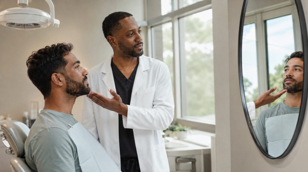 Dentist discussing an adult male patient’s chin, jawline, and facial profile while they examine his reflection in a clinic mirror.