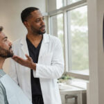 Dentist discussing an adult male patient’s chin, jawline, and facial profile while they examine his reflection in a clinic mirror.