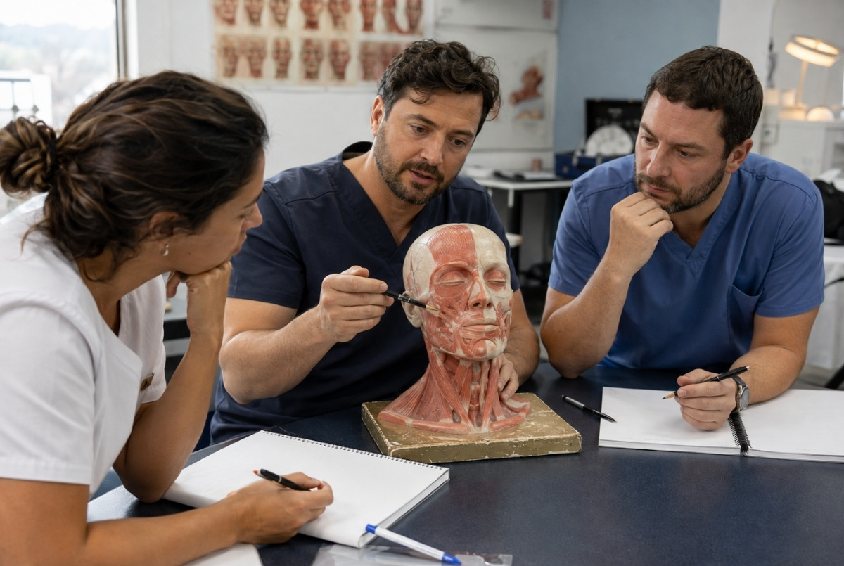 Three dentists learning lower-face landmark mapping from an instructor using a detailed facial anatomy model.
