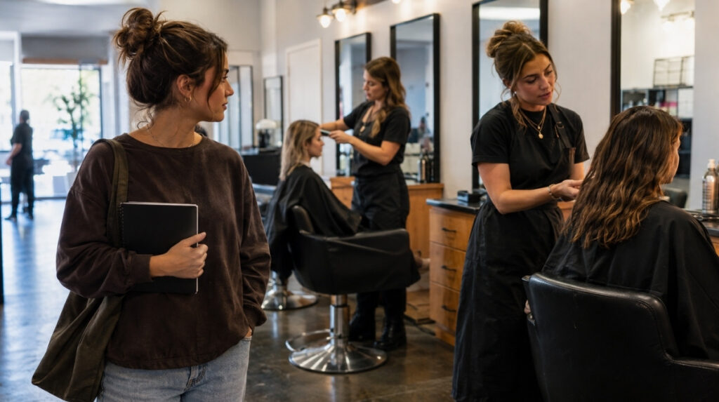 Prospective beauty student carrying a notebook while observing student stylists consulting with clients during hands-on cosmetology training.