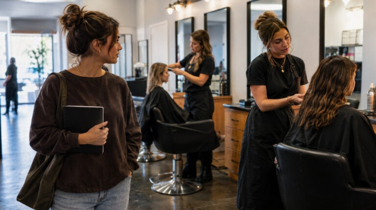 Prospective beauty student carrying a notebook while observing student stylists consulting with clients during hands-on cosmetology training.