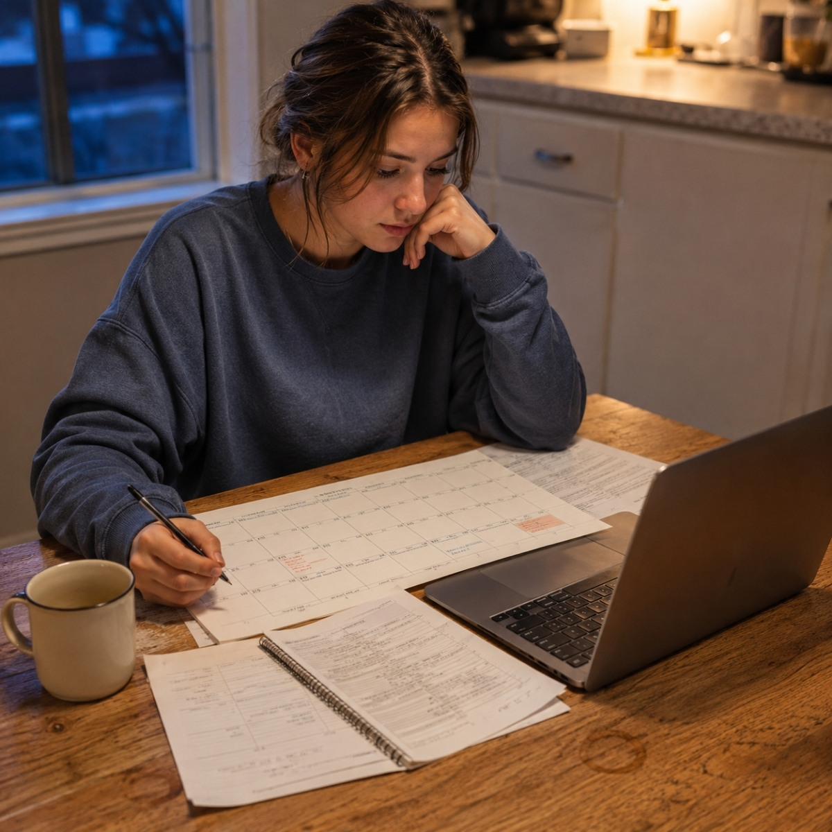 Prospective cosmetology student reviewing a calendar, laptop, tuition paperwork, transportation plans, and personal budget at home before enrolling.