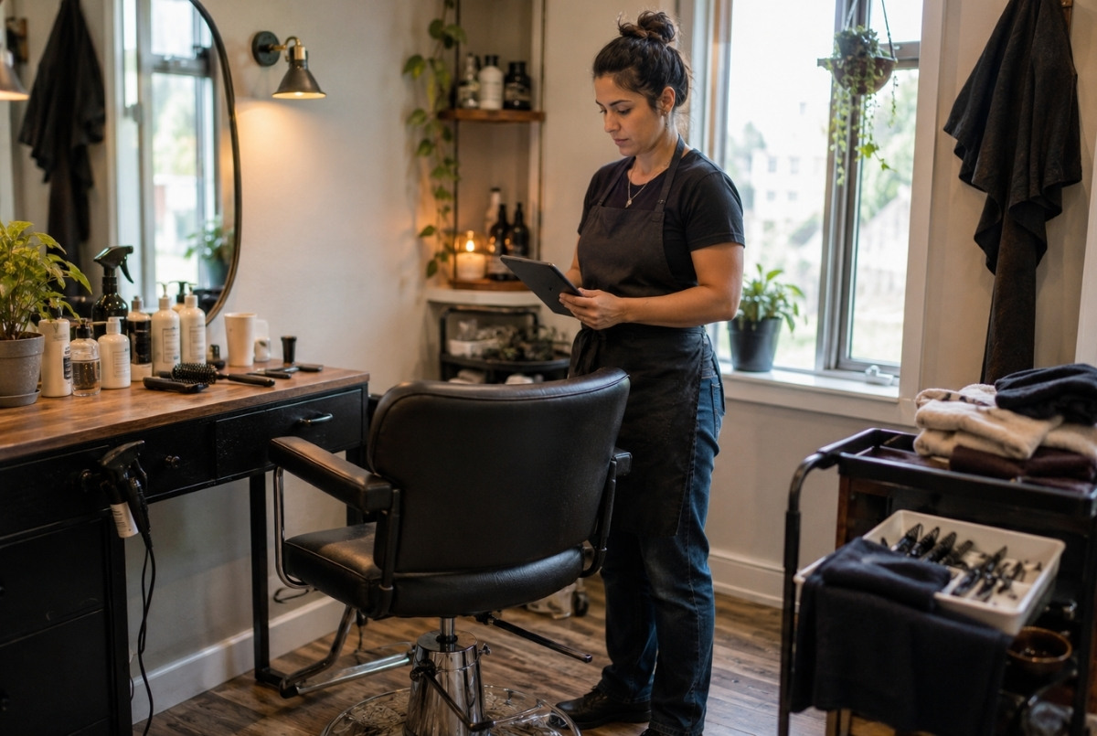 A cosmetology student concentrates on developing haircutting control with professional shears, a comb, and a mannequin used for technical practice. Slightly imperfect sections and visible training materials communicate the repetition and skill development involved in learning professional haircutting before techniques become consistent enough for salon work.