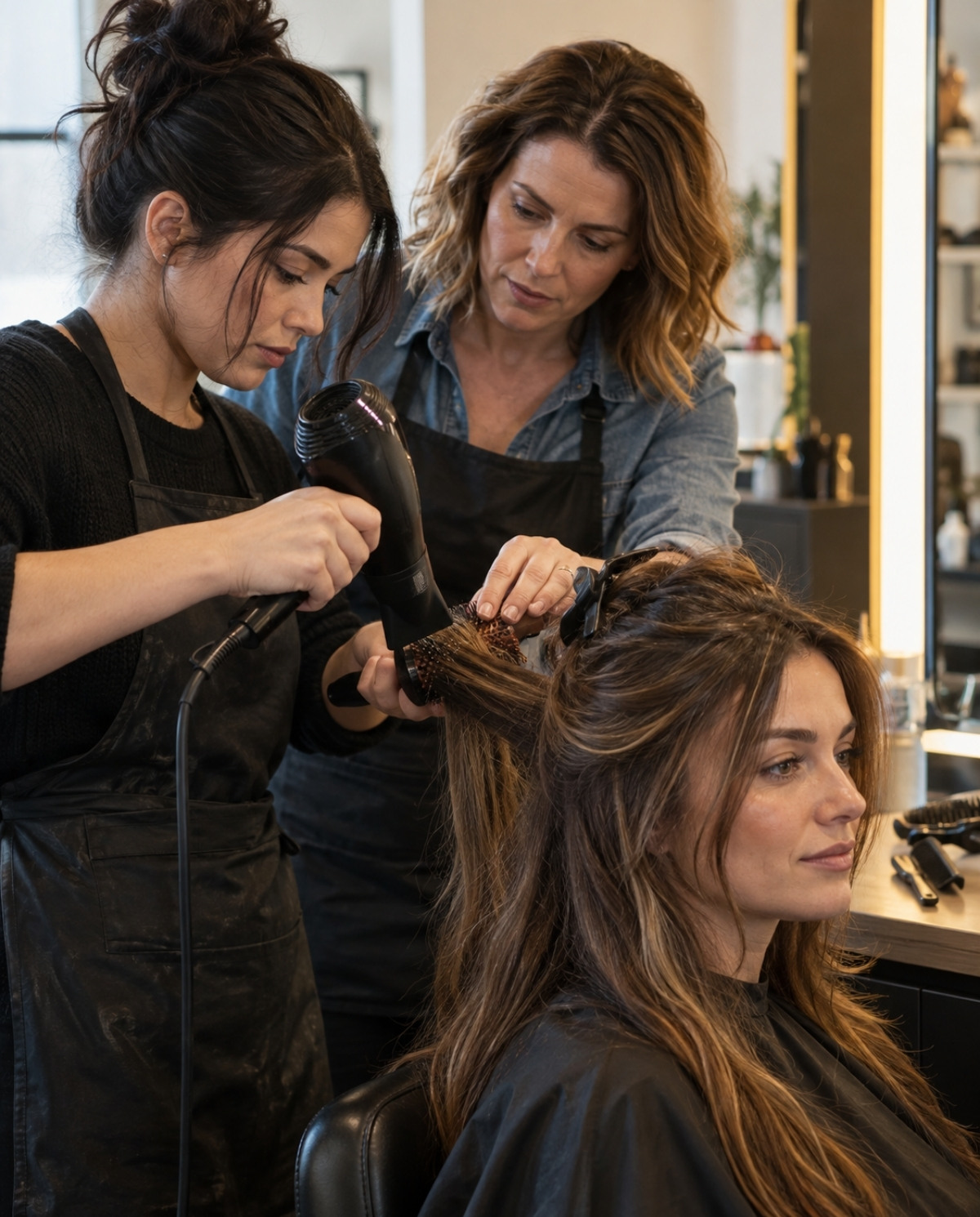 Cosmetology apprentice blow drying a client’s hair while a supervising stylist corrects the position and angle of the round brush.