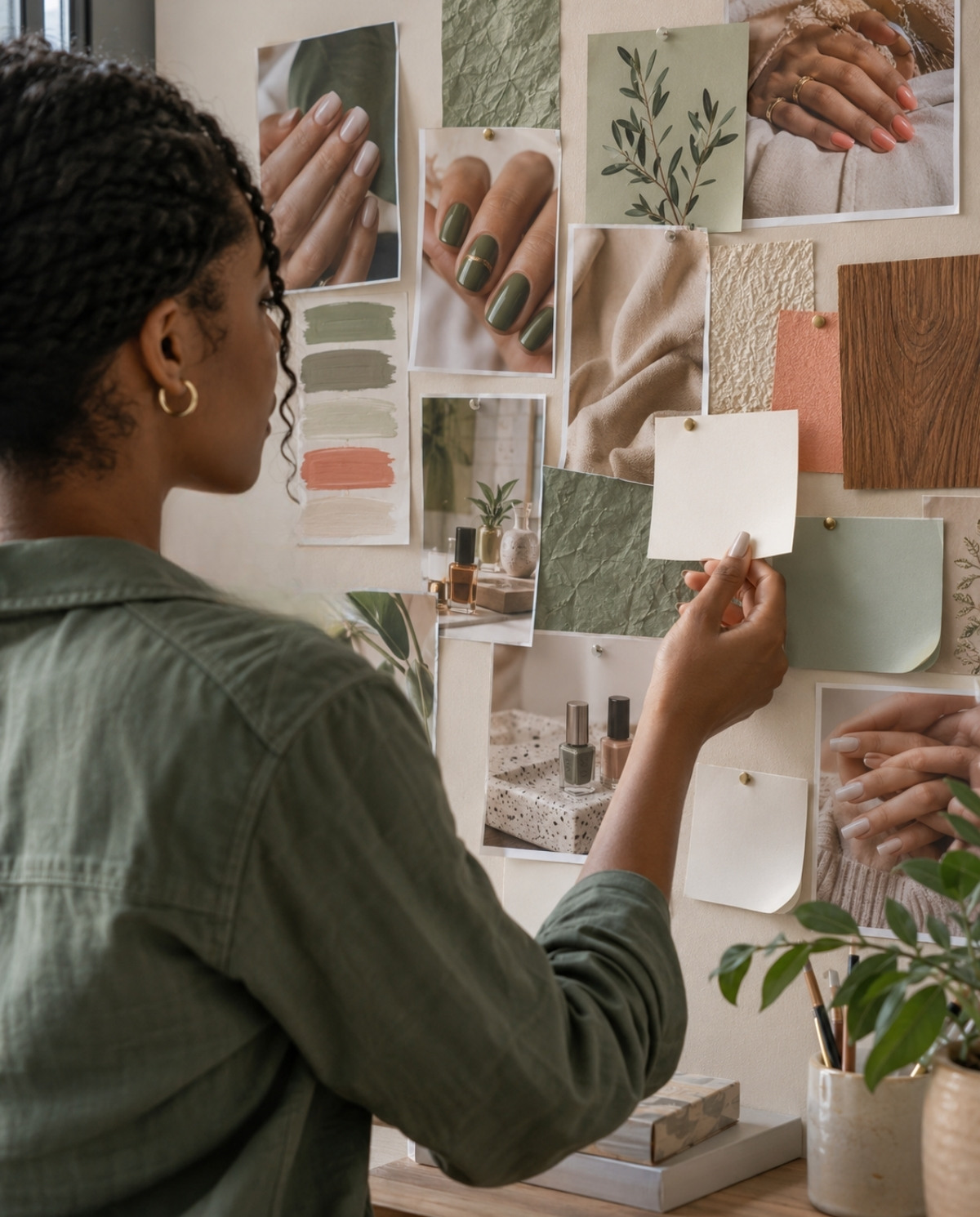 Nail technician reviewing a wall mood board containing manicure photographs, color samples, packaging textures, and blank name cards.