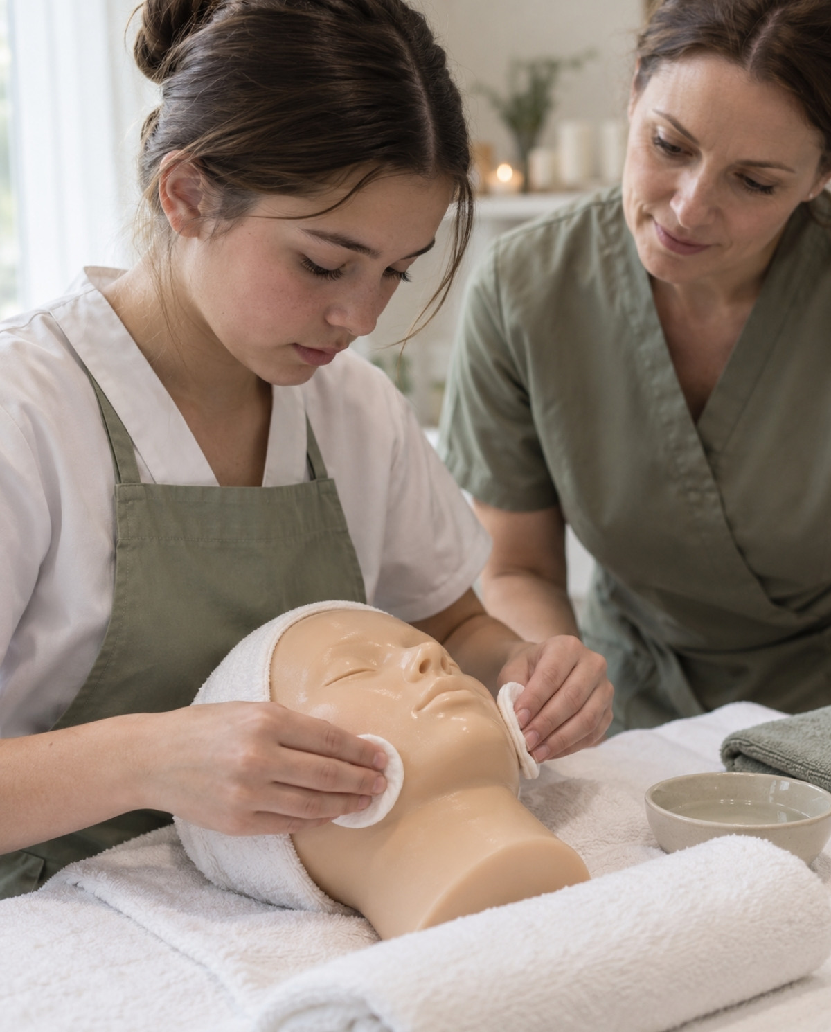 Teenage beauty student practicing gentle facial-cleansing movements on a silicone training mannequin under instructor supervision.