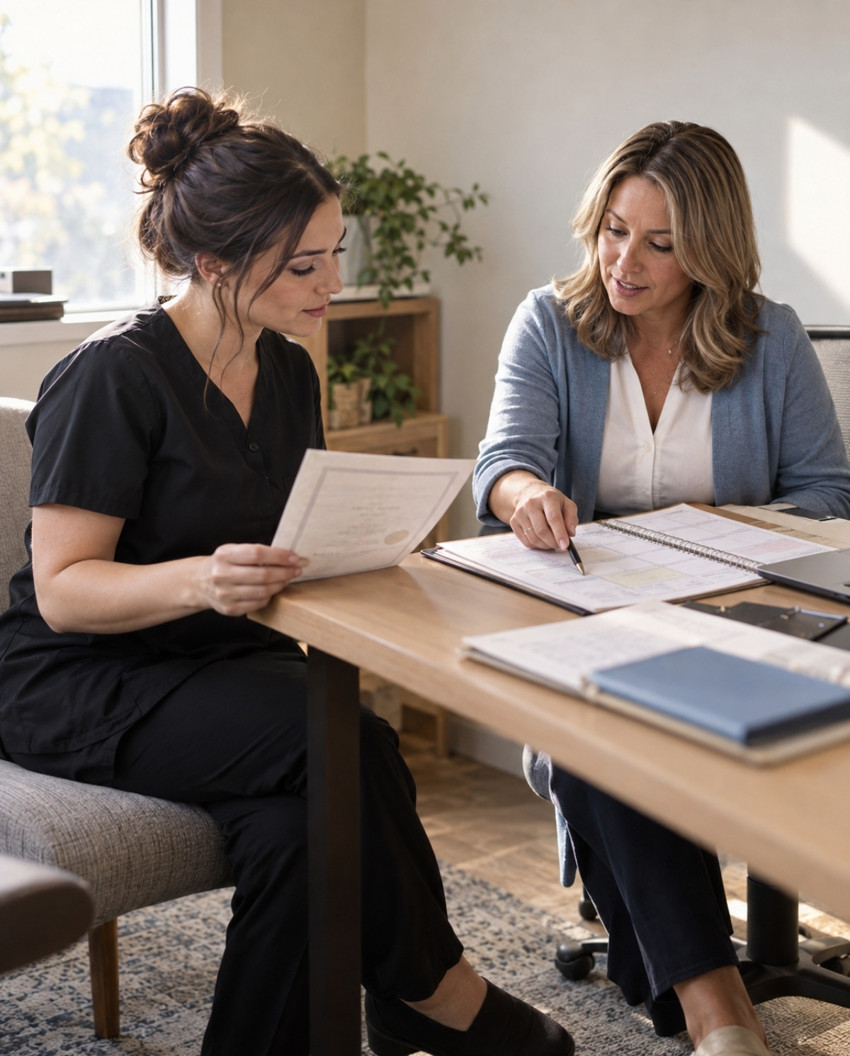 Working cosmetologist holds a license document while an admissions adviser points to a training timetable during a seated office consultation.