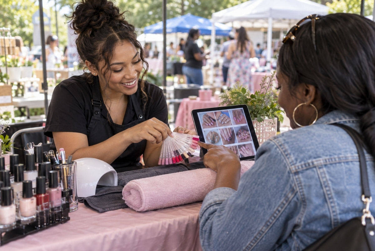 Nail technician providing a polish consultation at a community beauty pop-up with nail samples and a digital manicure portfolio.