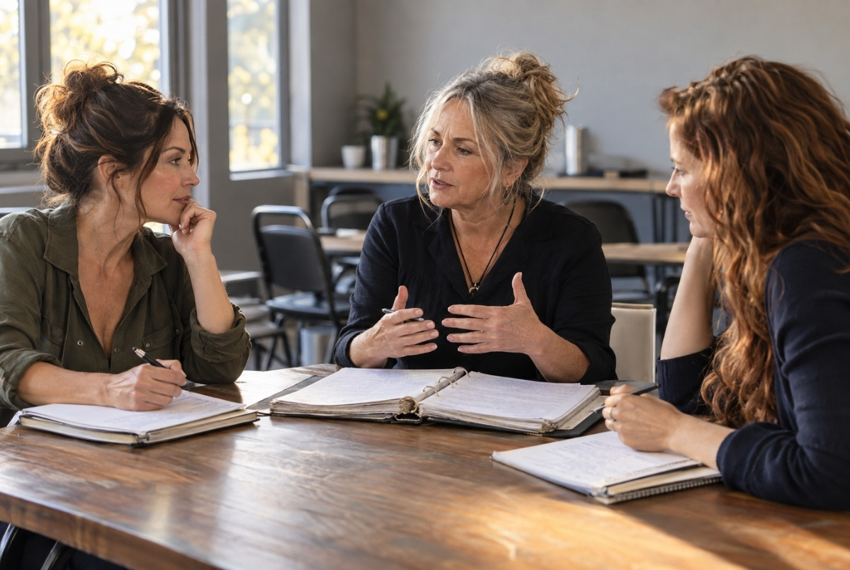 Senior beauty educator discusses lesson materials with two fellow instructors around a wooden table in a classroom with empty chairs behind them.