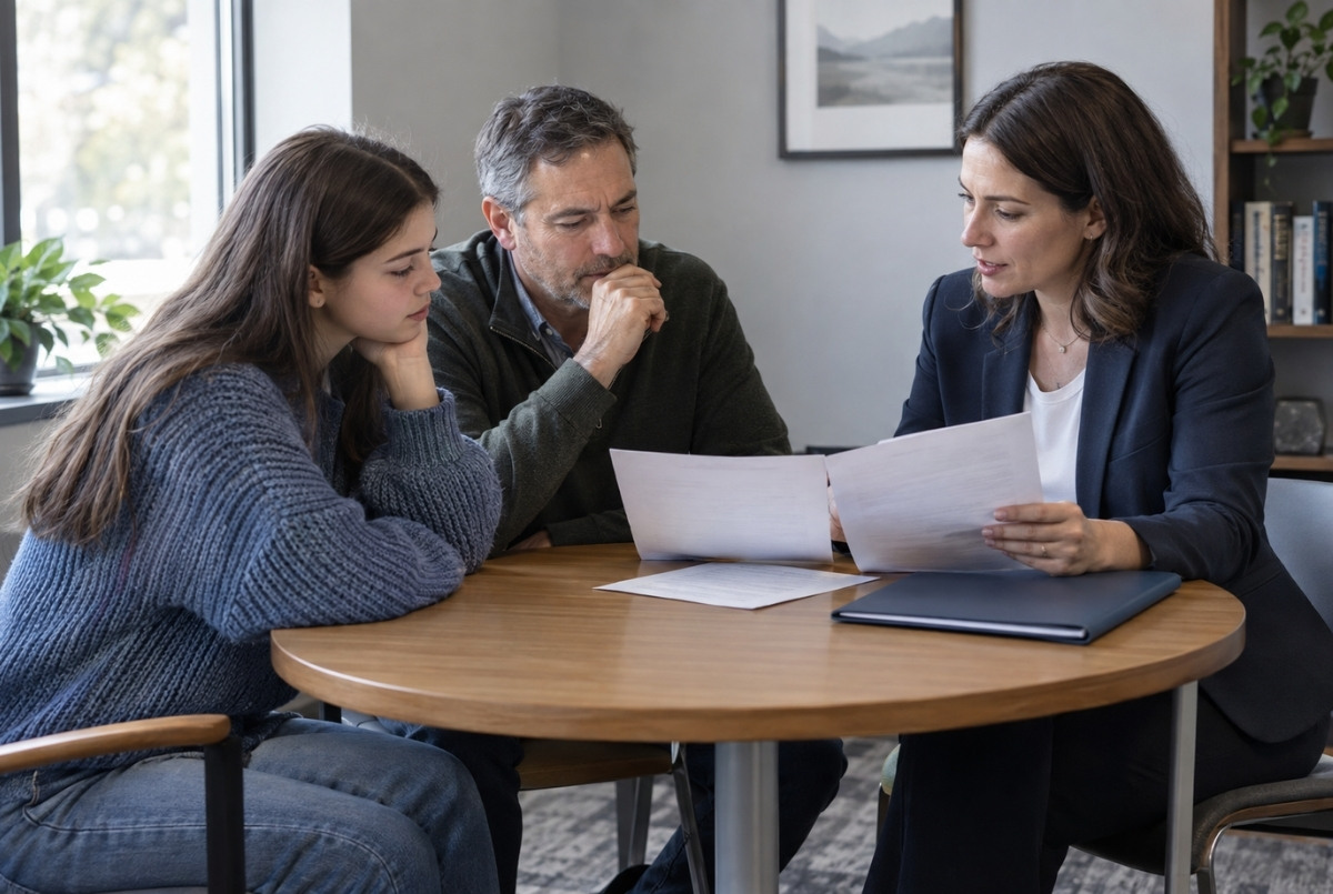 Teenage cosmetology applicant and parent reviewing education records with an admissions adviser at an office table.