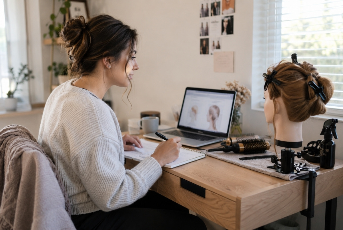 Working adult completing an online cosmetology lesson before practicing hairstyling techniques on a prepared mannequin head.