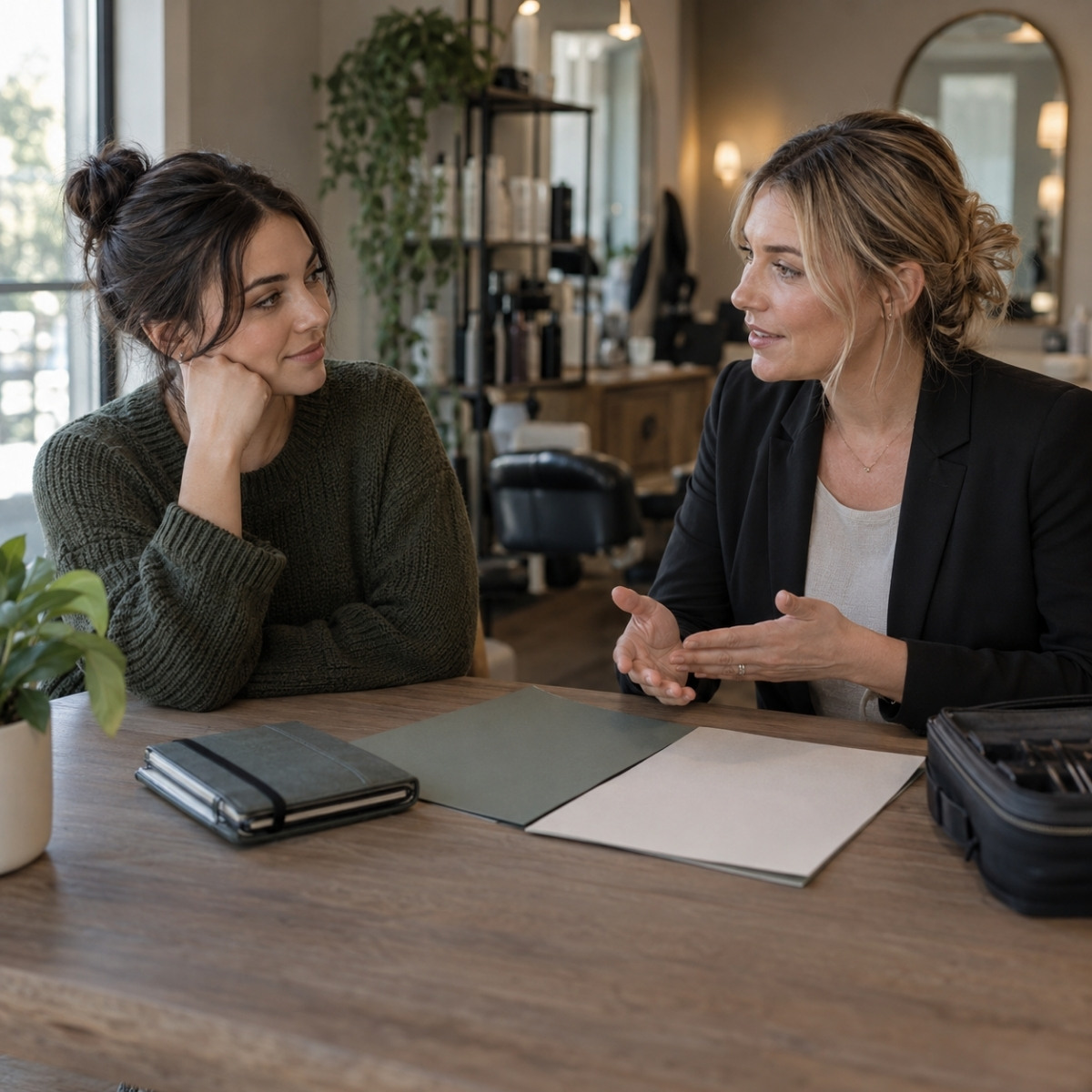 Prospective cosmetologist discussing school and salon apprenticeship pathways with an adviser at a quiet consultation table.