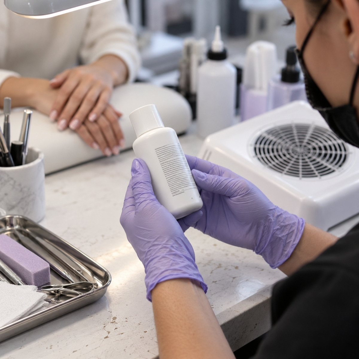 Gloved nail technician examining the ingredient information on an unbranded nail product beside clean tools and tabletop ventilation equipment.