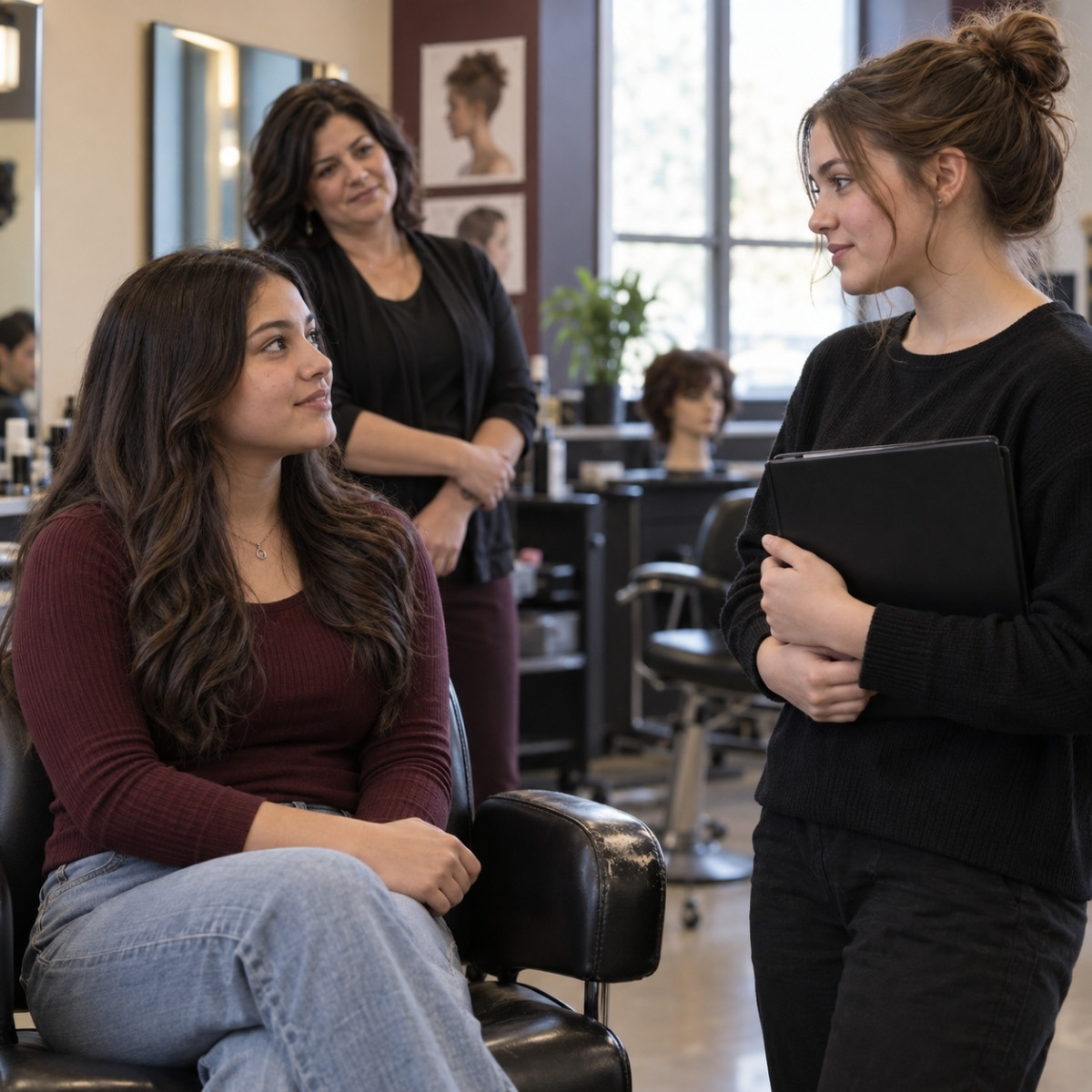 Two teenage classmates practicing a cosmetology client consultation while an adult instructor observes their communication.