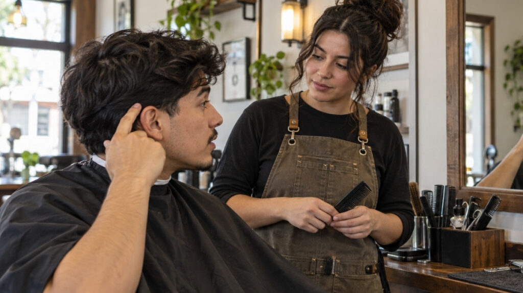 A client with thick, wavy dark hair points just above his ear while a female barber listens with a comb in her hands.