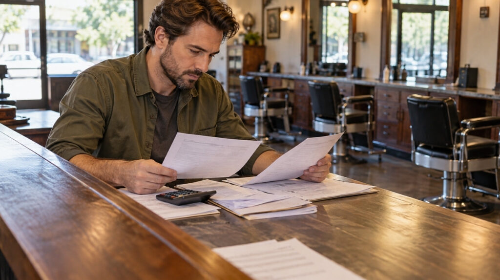 Prospective owner compares documents beside a calculator at a barbershop counter, with a row of empty service chairs behind him.