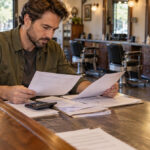 Prospective owner compares documents beside a calculator at a barbershop counter, with a row of empty service chairs behind him.