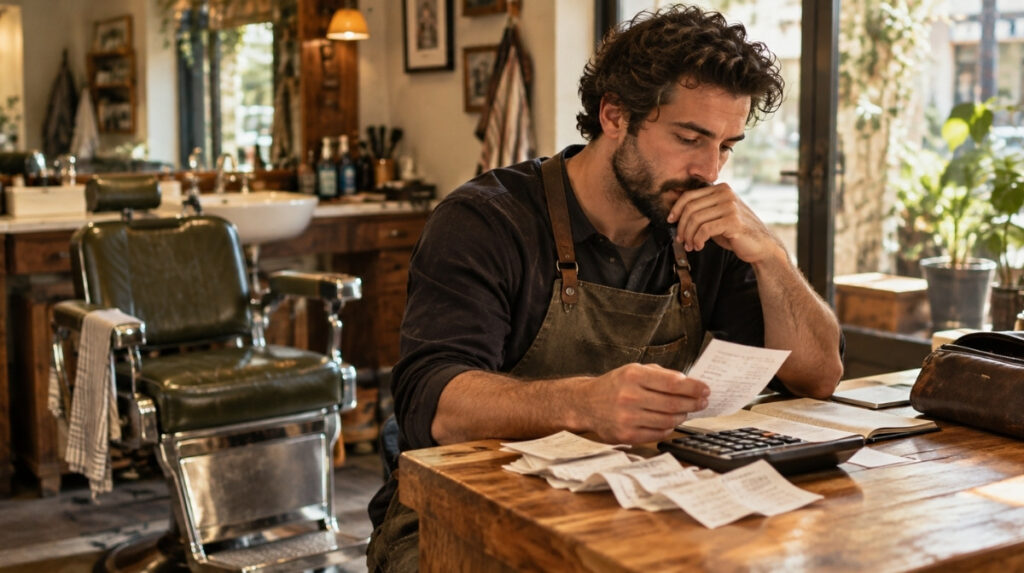 Barber seated at a wooden shop counter studying a receipt beside a calculator, paperwork, and a tool pouch.