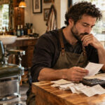 Barber seated at a wooden shop counter studying a receipt beside a calculator, paperwork, and a tool pouch.