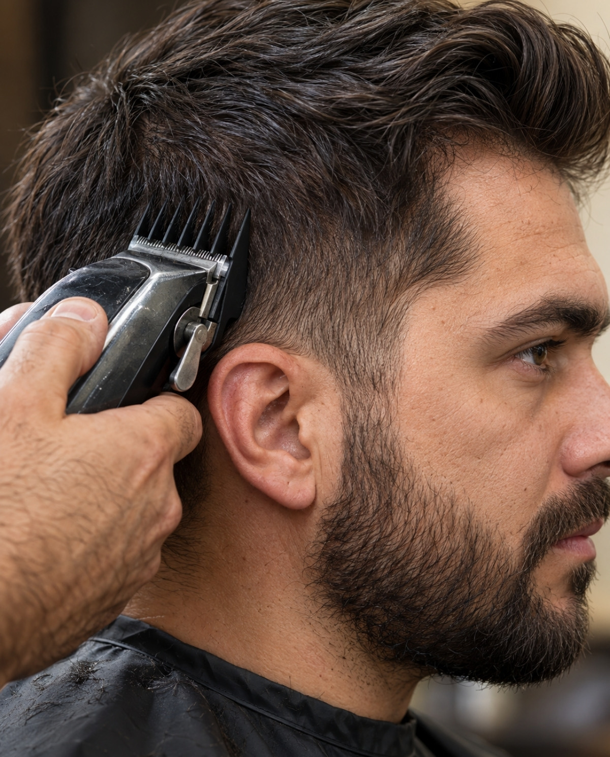 Close-up of a guarded adjustable clipper positioned against a client’s dark side hair above the ear, with the taper lever visible.