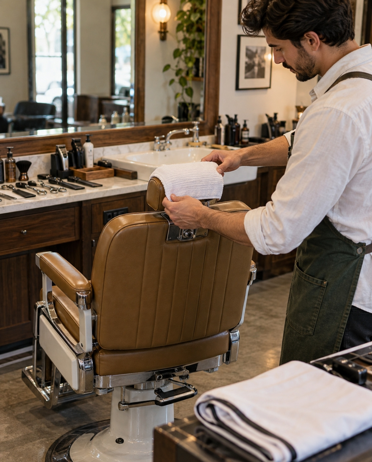 Barber fitting a fresh white covering over a tan chair’s headrest, with organized tools and a folded cape nearby.