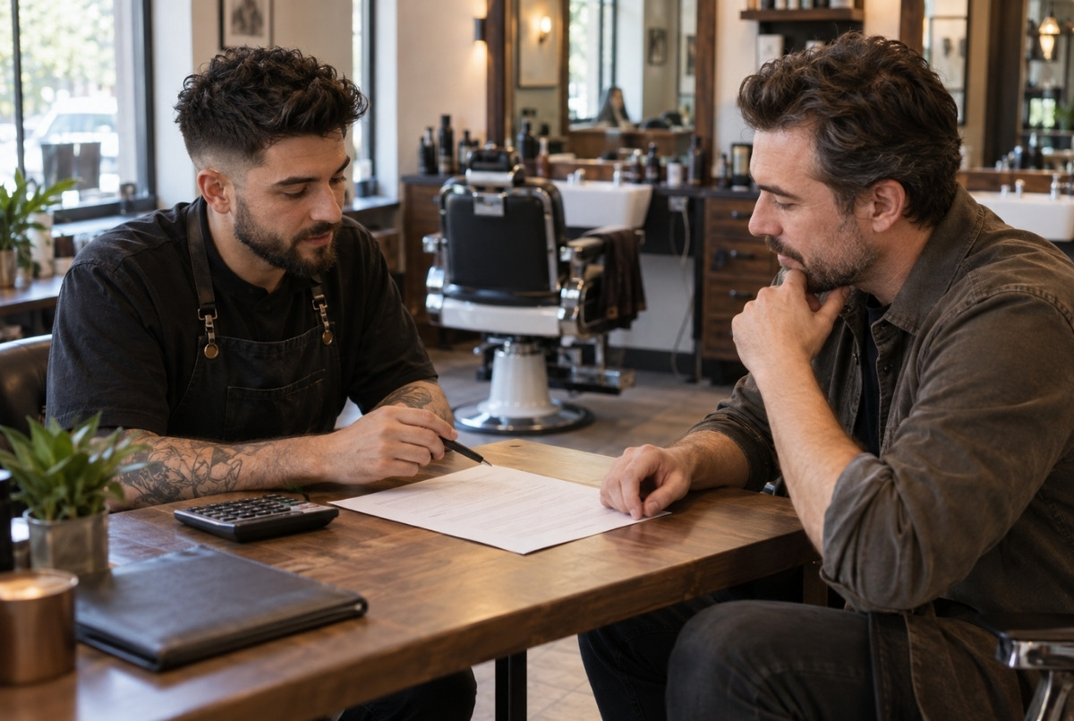 Barber and shop manager reviewing an agreement at a wooden table with a calculator and an empty workstation behind them.