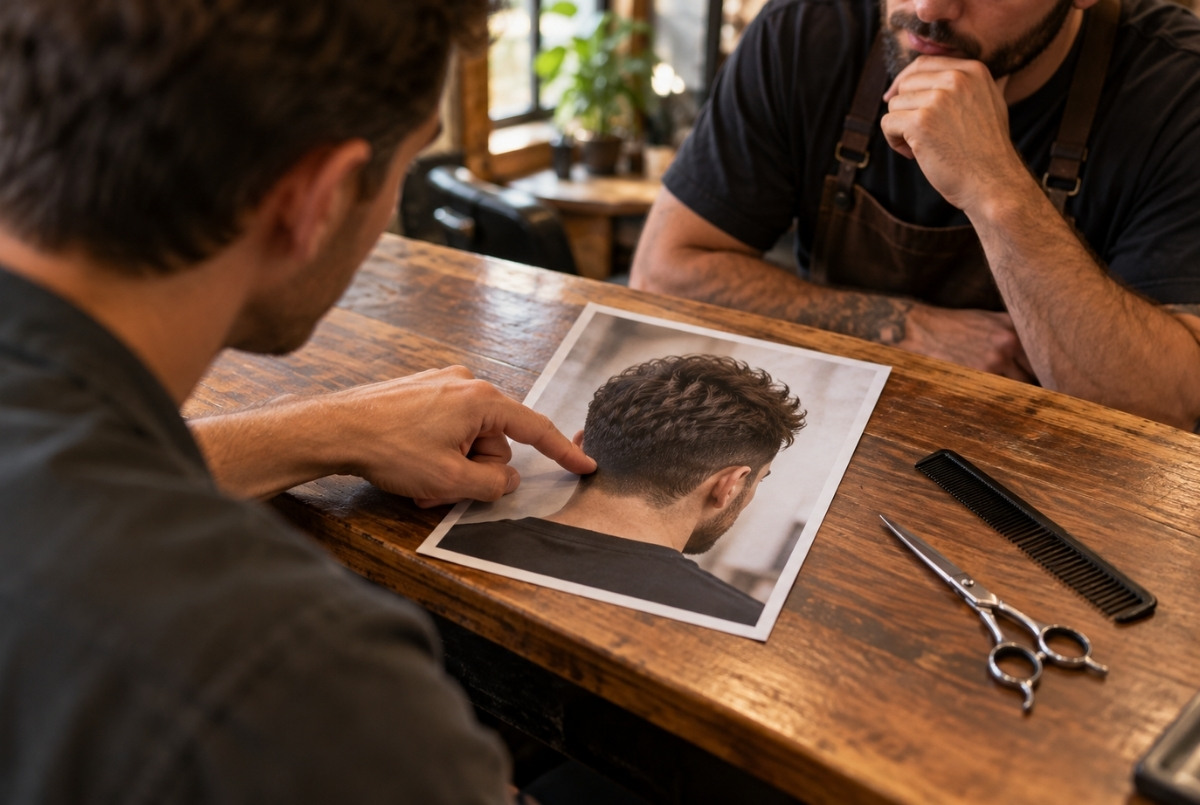 A client points to the tapered neckline in a printed haircut photograph on a wooden counter while a barber studies the reference.
