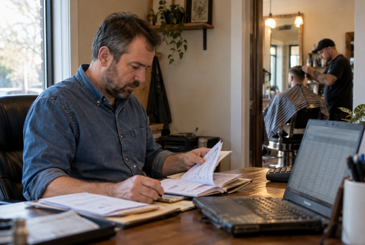 Barbershop owner reviews paper records beside a laptop in a back office while a barber provides a haircut through the adjoining doorway.