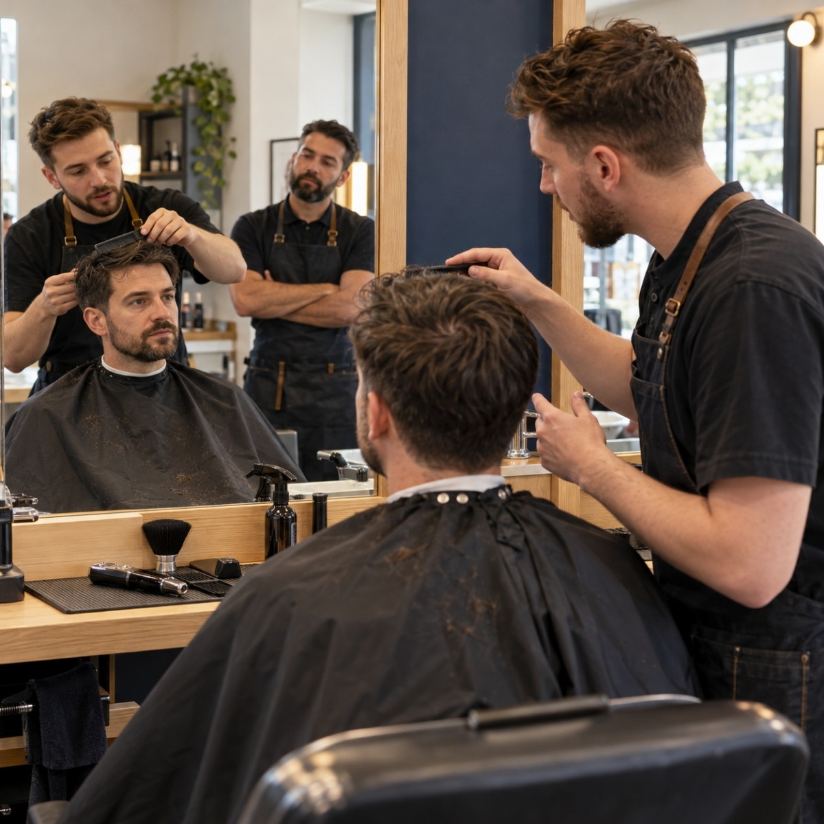 Barber trainee discussing a client’s hair length with a comb beside a mirror while an instructor observes the consultation.