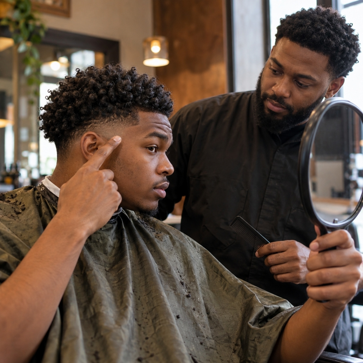 A client with tightly curled hair points to his temple while holding a hand mirror, and the barber pauses to listen with a comb.